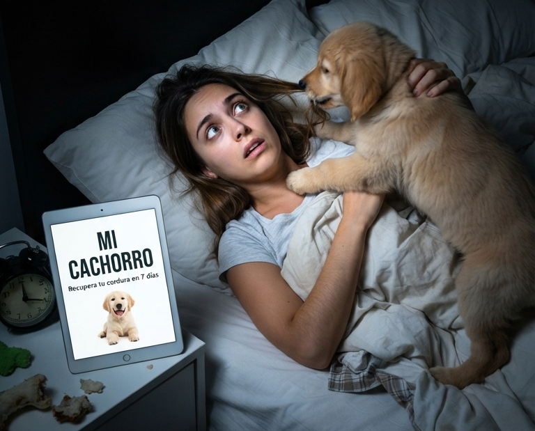 Tutora agotada junto a su cachorro